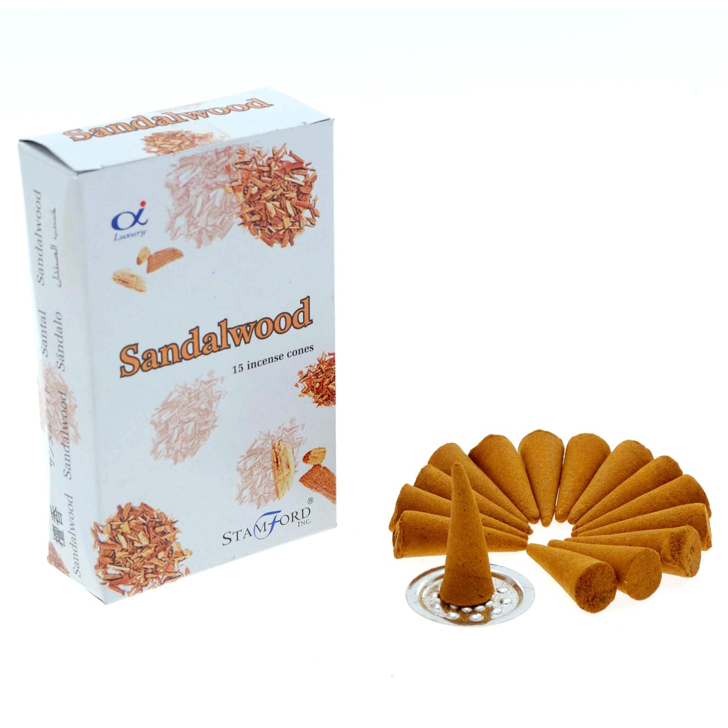 Stamford Premium Sandalwood incense cones with a deep, calming fragrance. Includes 15 cones and a metal holder for grounding rituals or relaxation.