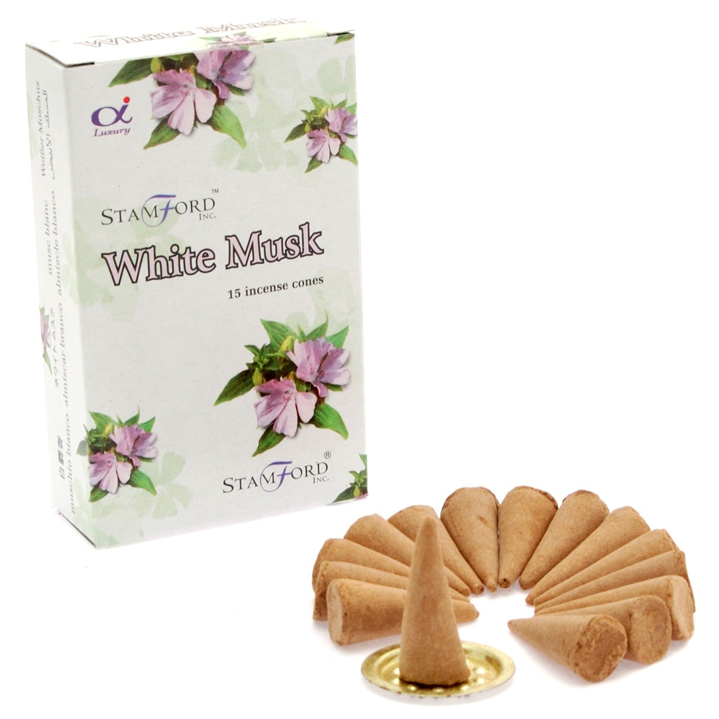 Stamford Premium White Musk incense cones with soft, musky floral scent. Includes 15 cones and metal holder—perfect for calm, elegant spaces.