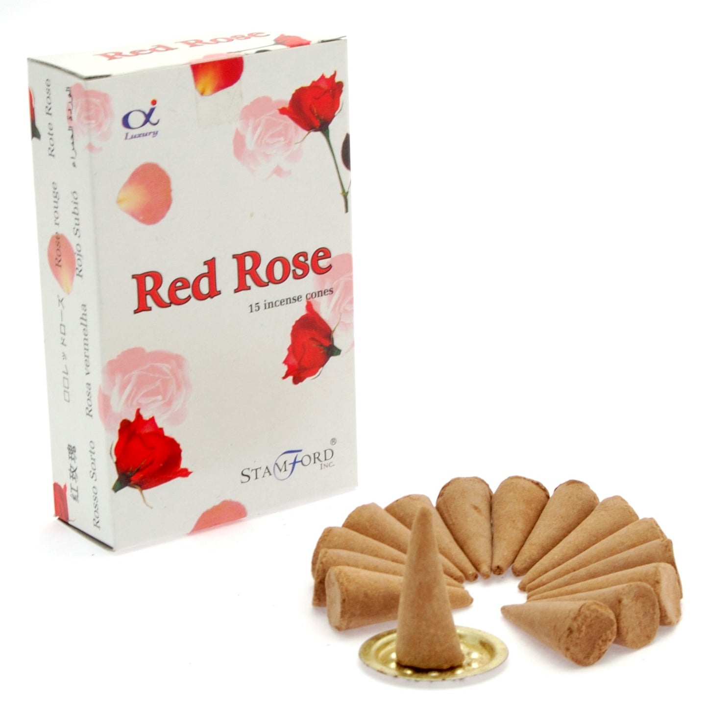 Stamford Premium Red Rose incense cones with sweet floral fragrance. Includes 15 cones and a metal holder—ideal for romantic and calming settings.