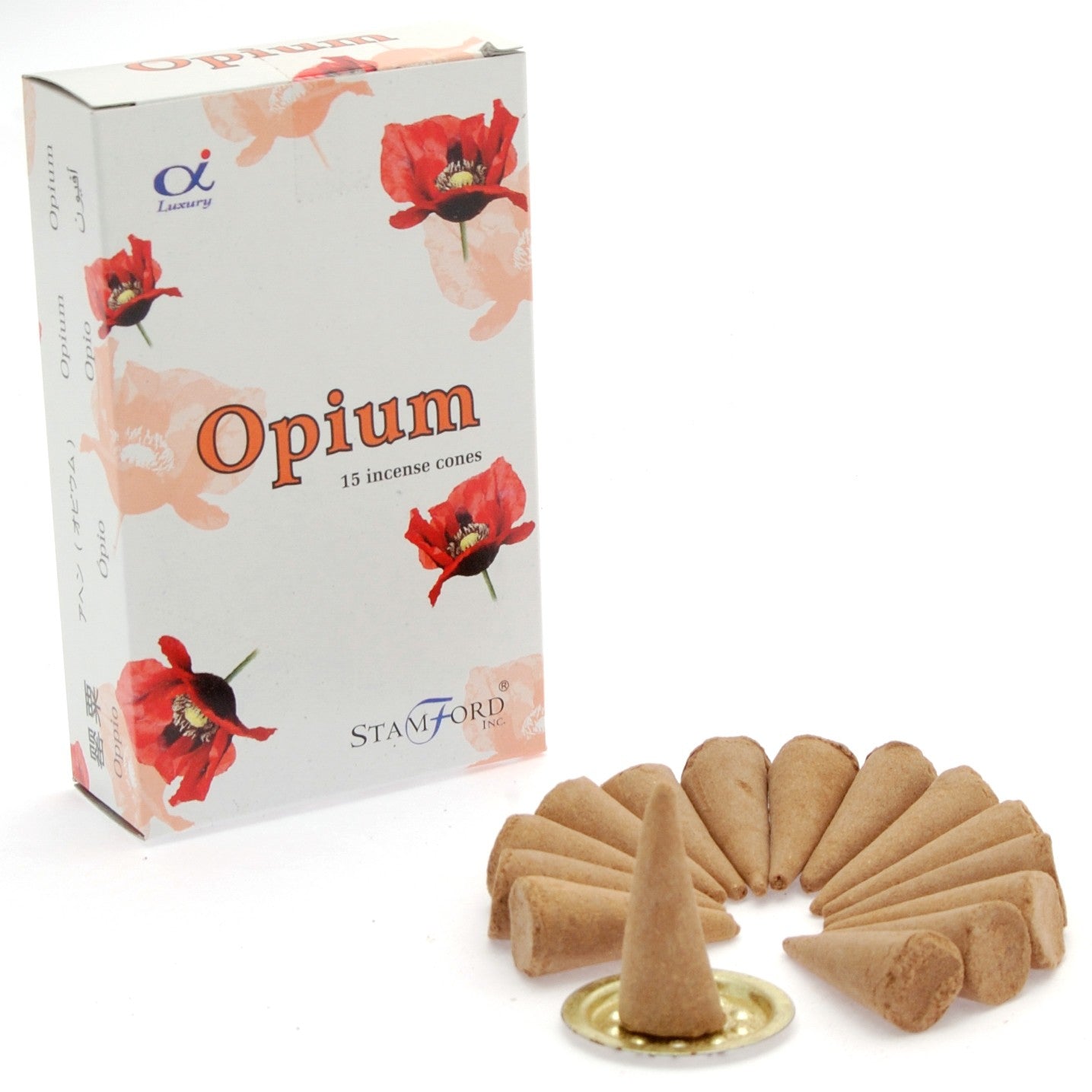 Stamford Premium Opium incense cones with deep, floral-spice fragrance. Includes 15 cones and a metal holder—ideal for mood and relaxation.