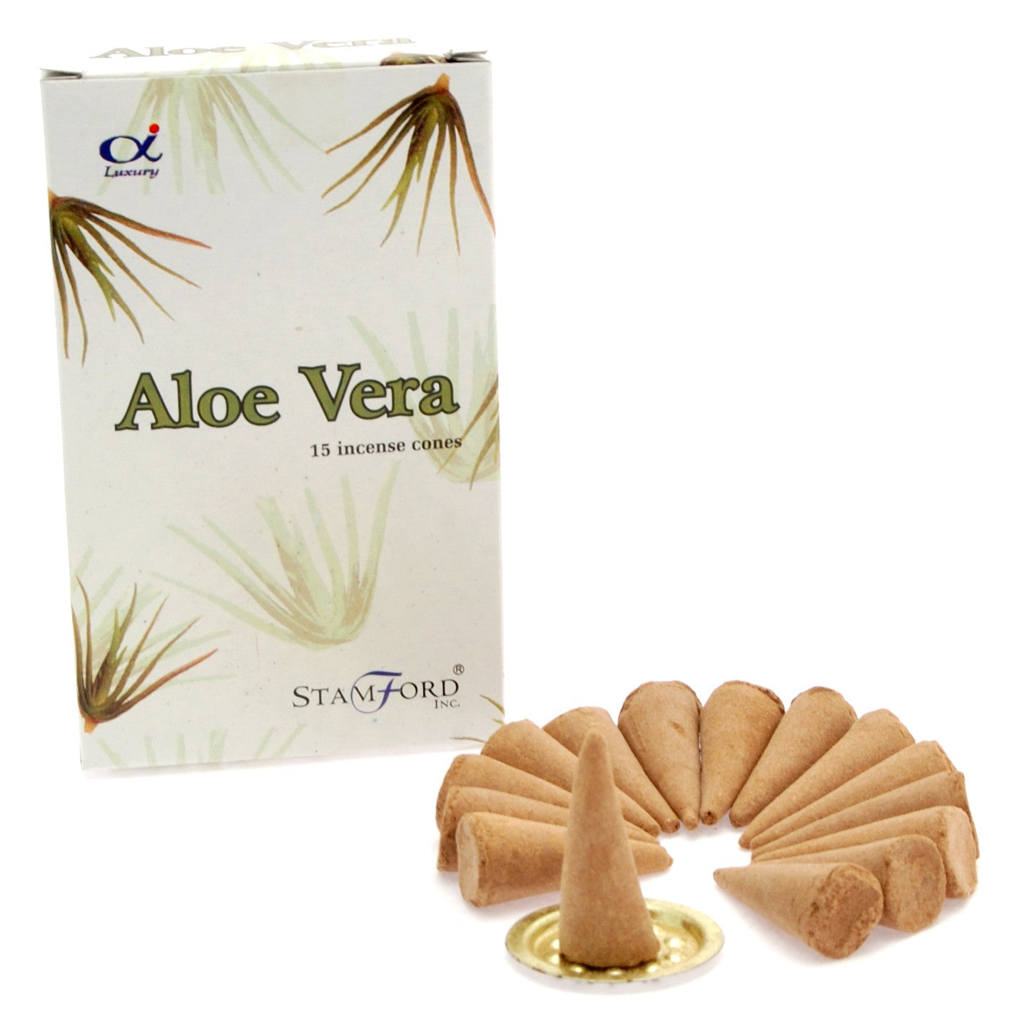 Stamford Premium Aloe Vera incense cones with light, green aroma. Includes 15 cones and a metal holder—ideal for calming and refreshing your space.