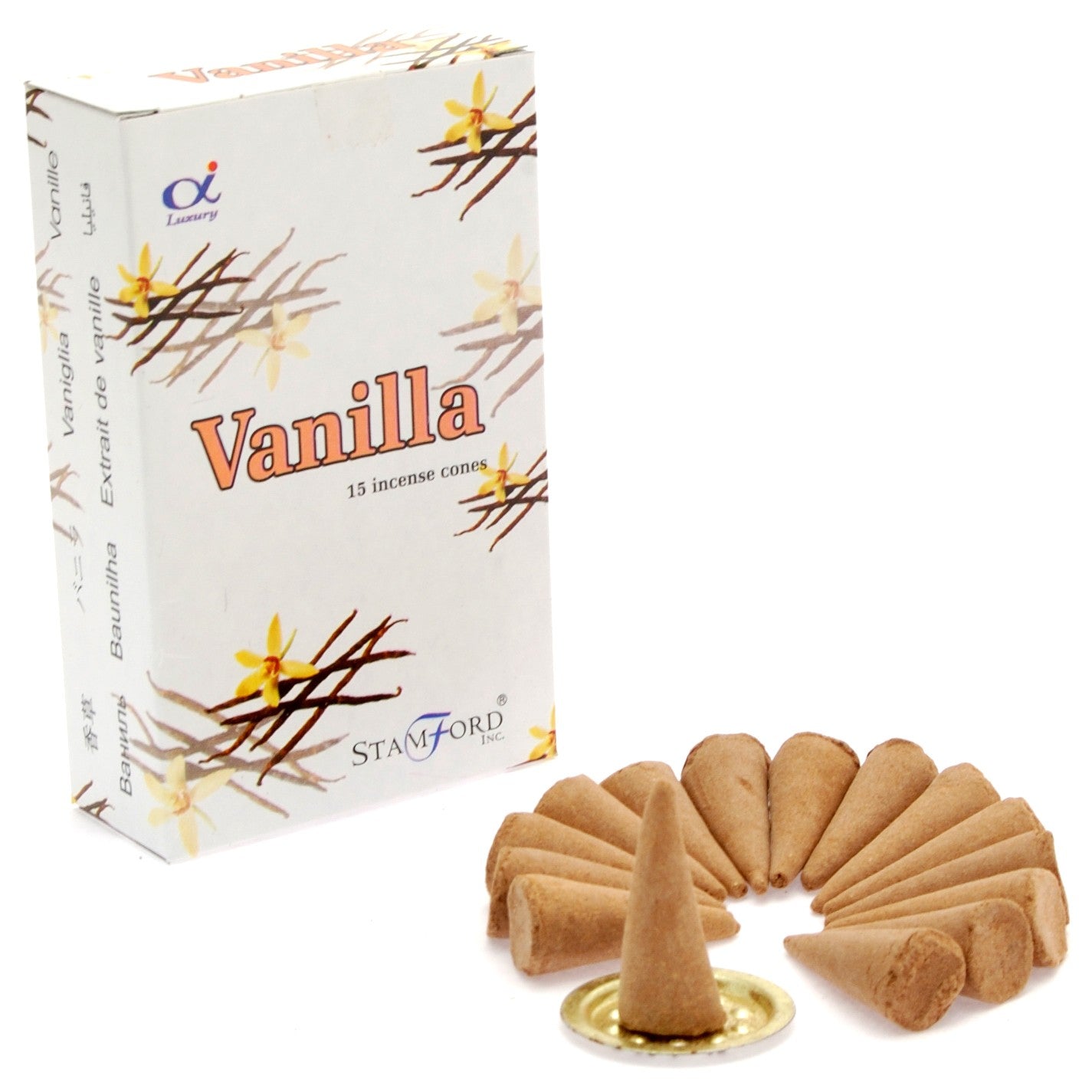 Stamford Premium Vanilla incense cones with warm, sweet fragrance. Includes 15 cones and a metal holder—ideal for comfort and relaxation.