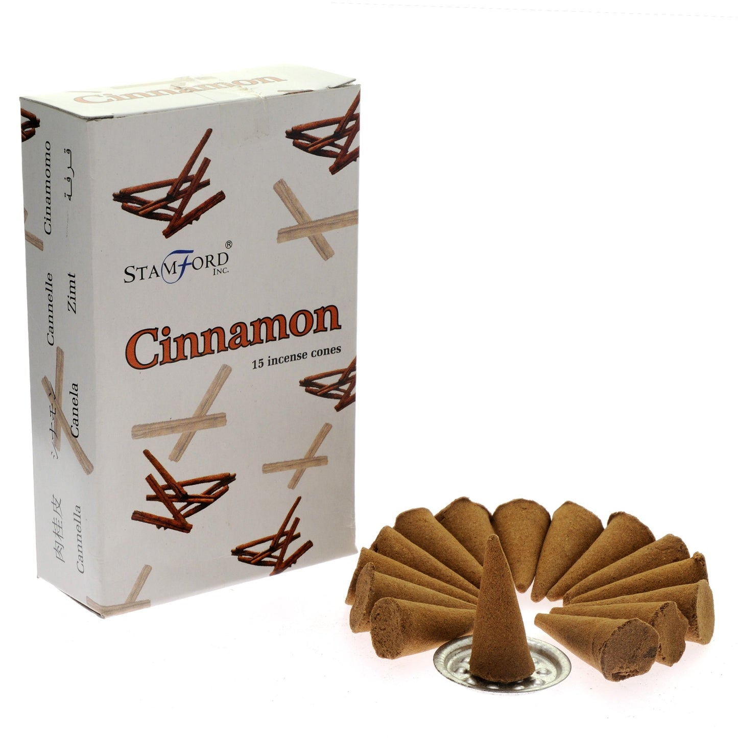 Stamford Premium Cinnamon incense cones with warm, spicy scent. Includes 15 cones and a metal holder—perfect for comfort and focus.
