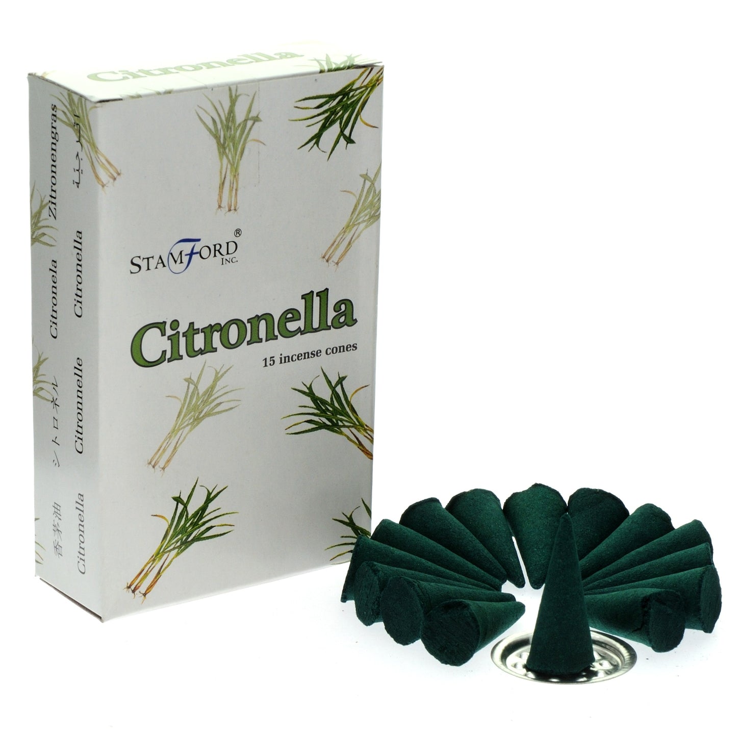 Stamford Premium Citronella incense cones with citrus-fresh scent. Includes 15 cones and a metal holder. Great for outdoor use and natural insect control.