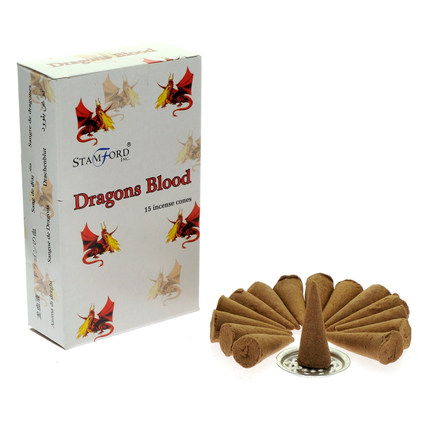 Stamford Premium Dragon's Blood incense cones with a deep, mystical aroma. Includes 15 cones and metal holder, perfect for rituals and protection.
