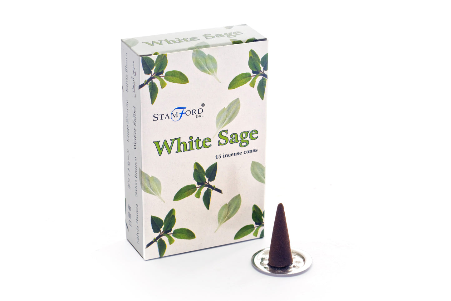 Stamford Premium White Sage incense cones with a clean, herbal aroma. Includes 15 cones and a metal holder, perfect for spiritual cleansing.