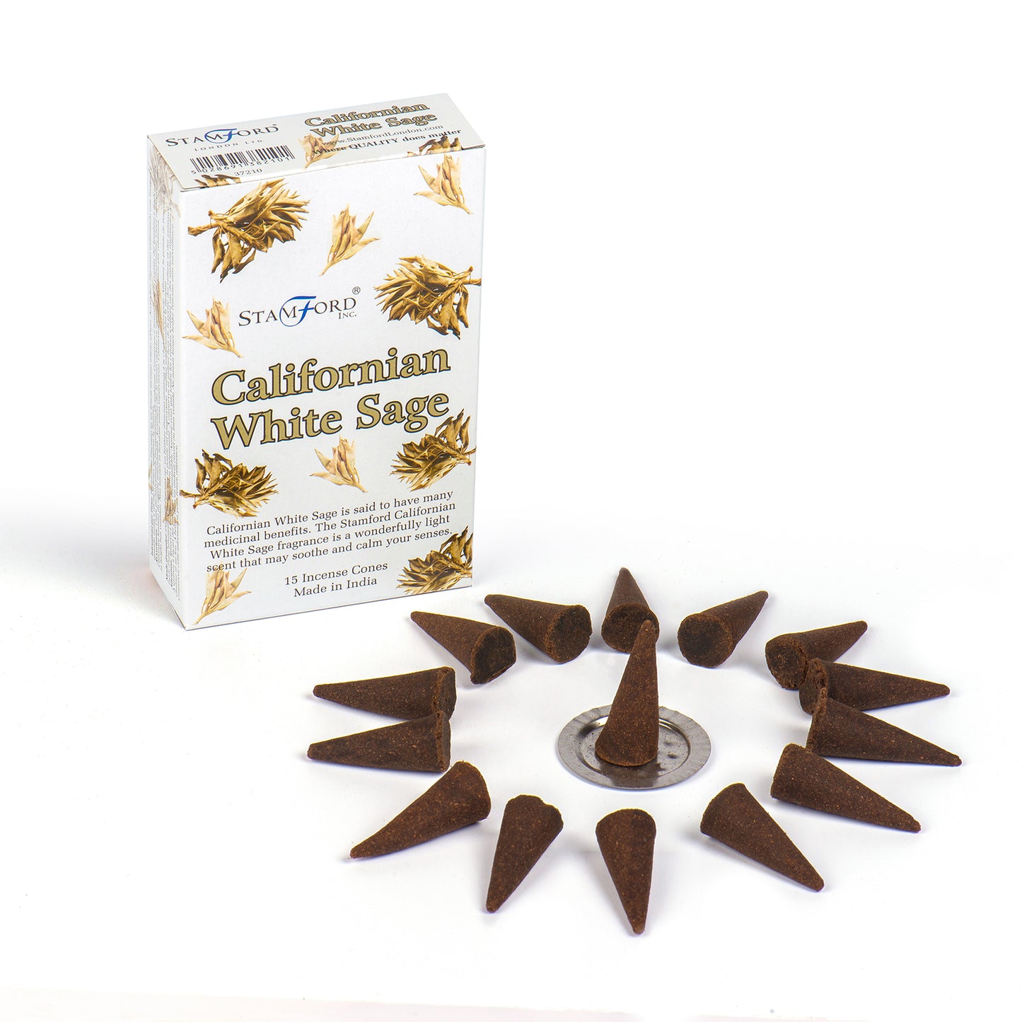 Stamford Premium Californian White Sage incense cones with fresh, cleansing herbal scent. Includes 15 cones and a metal holder for ritual use.