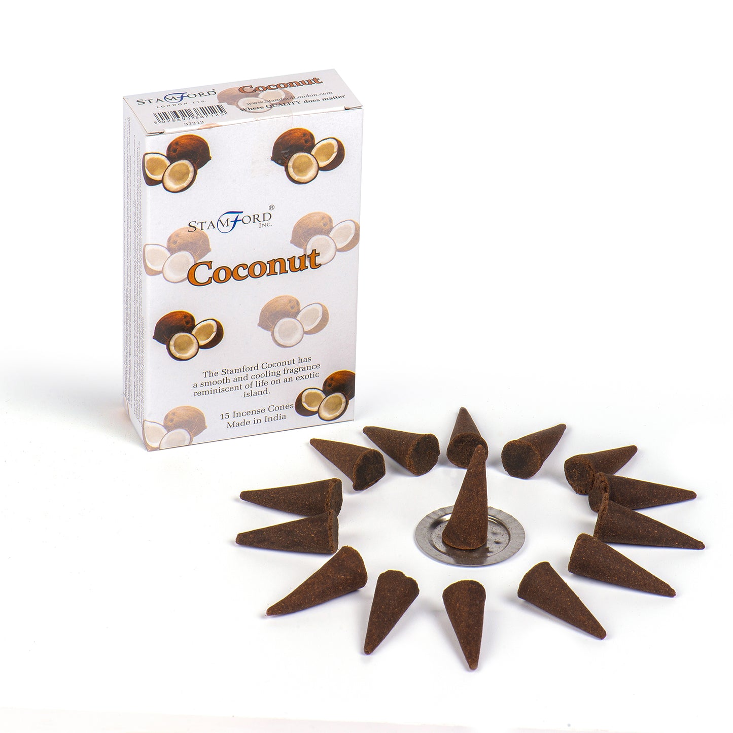 Stamford Premium Coconut incense cones with tropical, creamy aroma. Includes 15 cones and a metal holder for easy burning and relaxing vibes.
