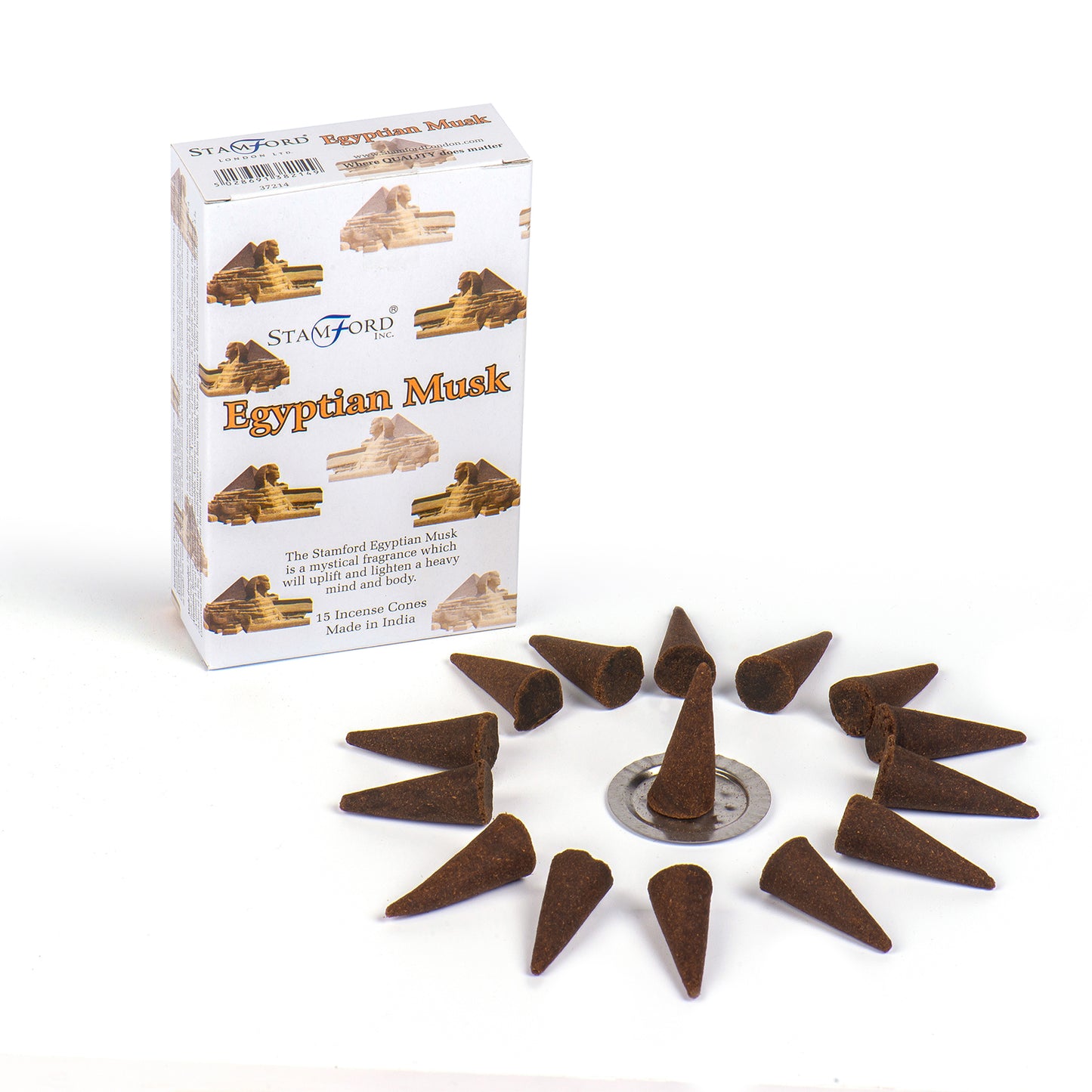 Stamford Premium Egyptian Musk incense cones with warm and exotic fragrance. Pack includes 15 cones and a metal holder for safe burning.