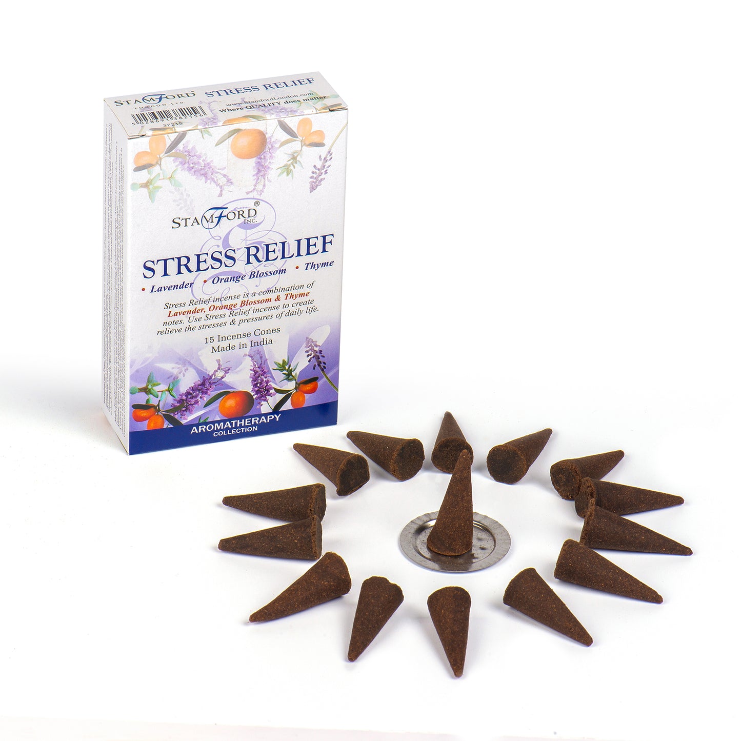 Stamford Premium Stress Relief incense cones with lavender, orange blossom, and thyme. Includes 15 cones and a reusable metal holder.