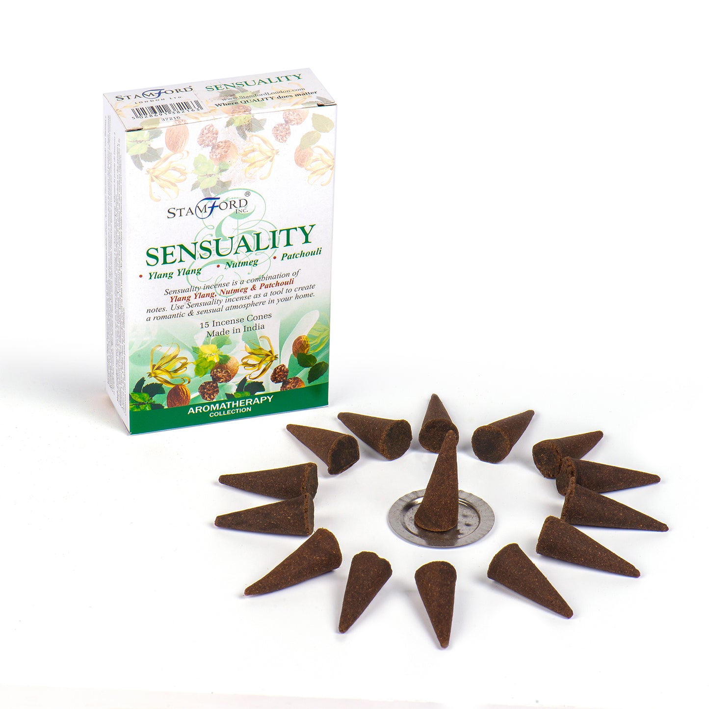 Stamford Premium Sensuality incense cones with ylang ylang, nutmeg, and patchouli. Includes 15 cones and a metal holder for easy use.