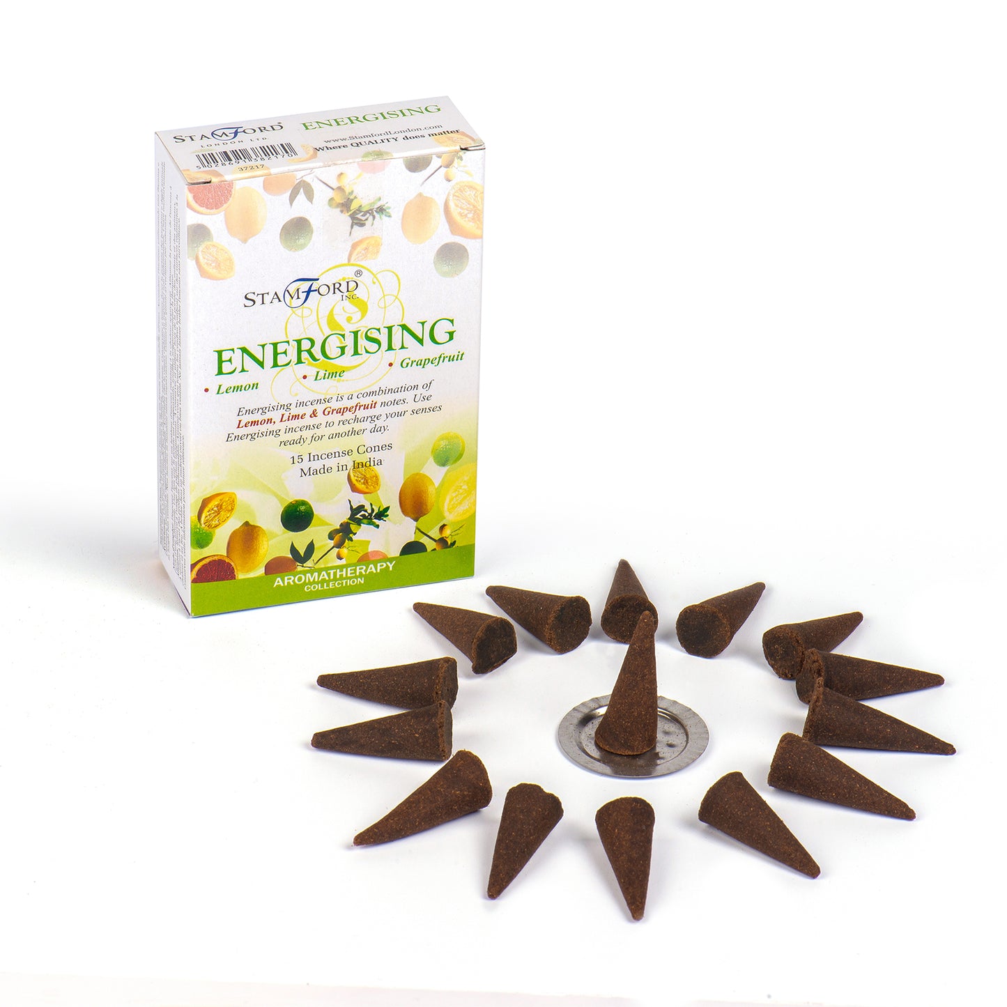 Stamford Premium Energising incense cones with citrus blend of lemon, lime, and grapefruit. Includes 15 cones and a metal burner plate.