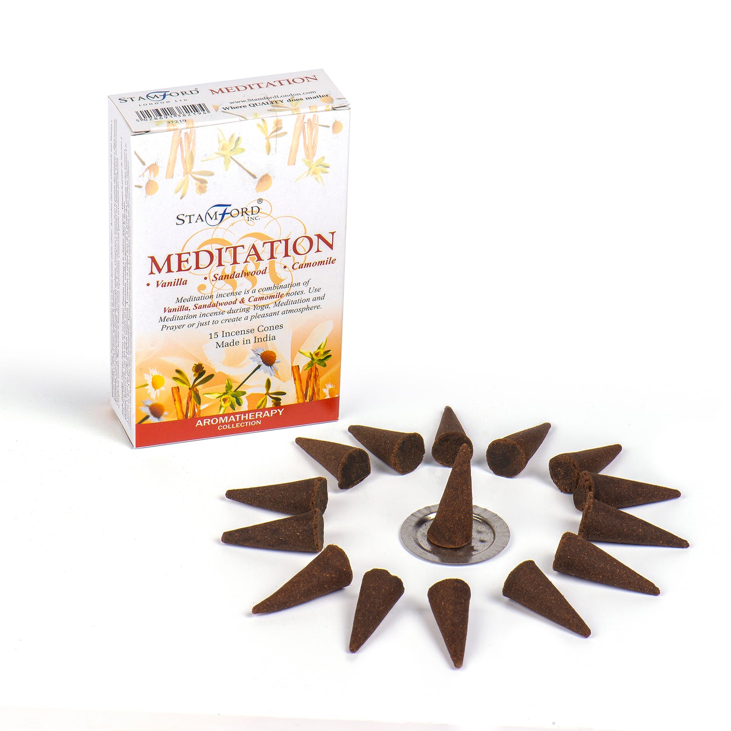 Stamford Premium Meditation incense cones with a calming blend of vanilla, sandalwood, and chamomile. Includes 15 cones and a metal holder.