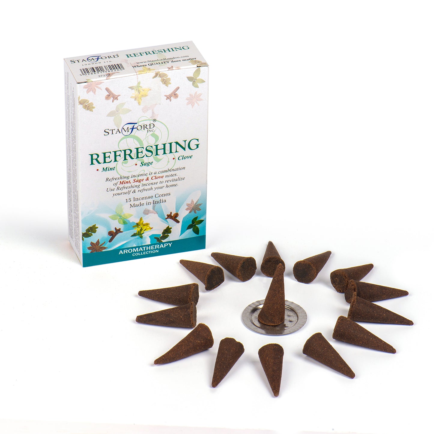 Stamford Refreshing cones blend mint, sage & clove for clarity and uplift. Includes 15 cones & metal holder. Freshen your space with herbal energy.