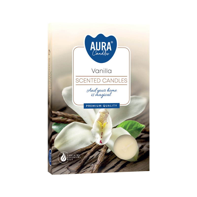 Box of 6 Vanilla scented tea lights – warm vanilla aroma candles