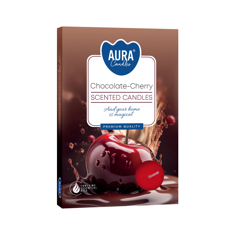 Box of 6 Chocolate & Sour Cherry scented tea lights – rich and fruity aroma candles