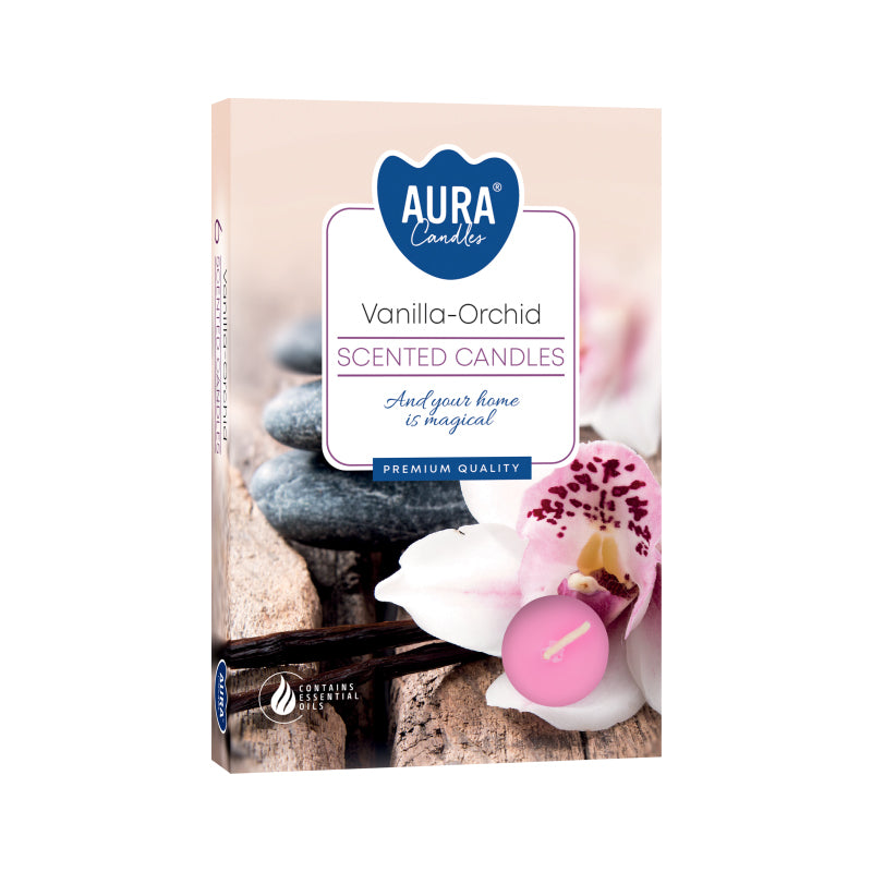 Box of 6 Vanilla & Orchid scented tea lights – warm and floral candles for home ambiance