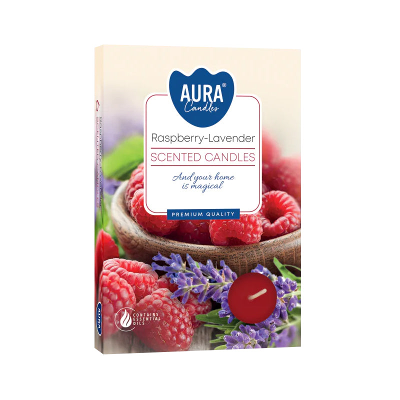 Box of 6 Raspberry & White Lavender scented tea lights – sweet and calming aroma