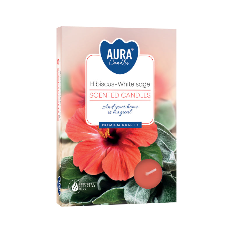 Box of 6 Hibiscus & White Sage scented tea lights – floral and herbal fragrance candles