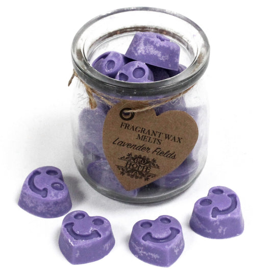 Lavender Fields soy wax melts – small hearts in reusable glass jar, approx. 16 melts
