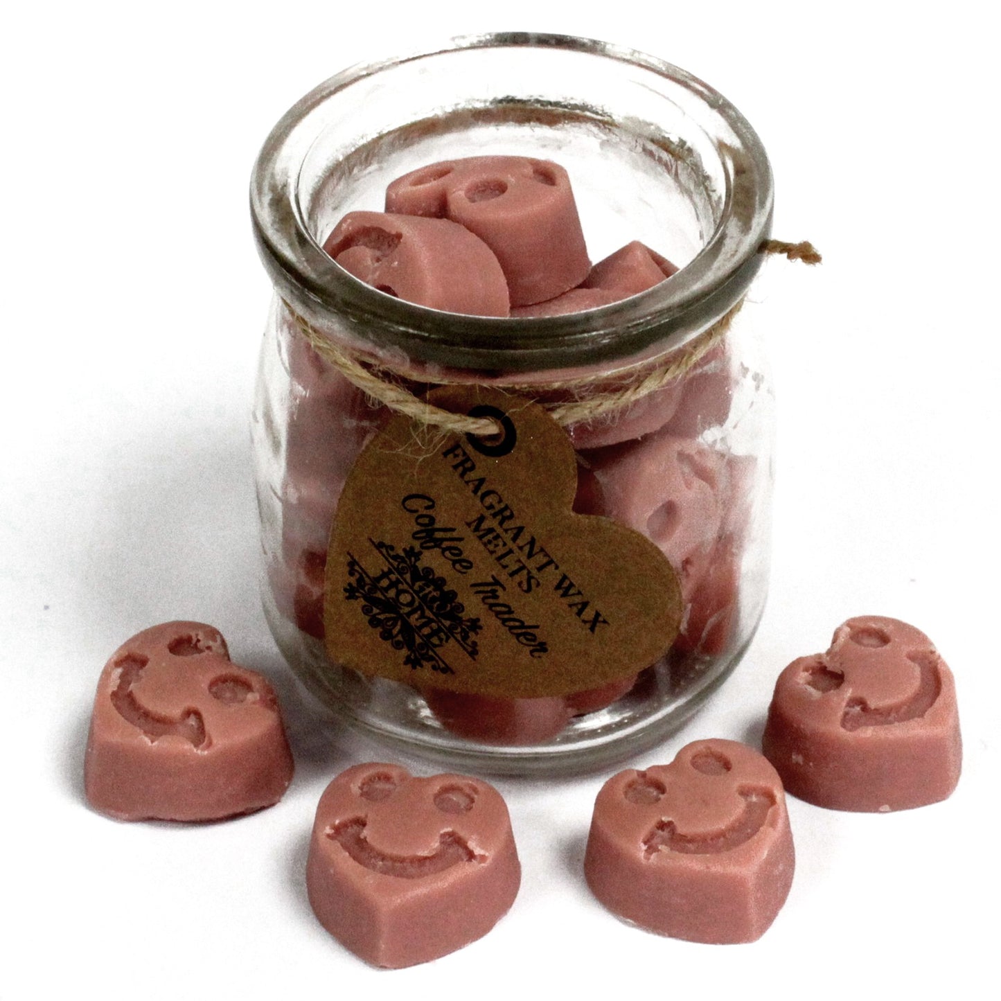 Coffee Trader soy wax melts – small hearts in reusable glass jar, approx. 16 melts