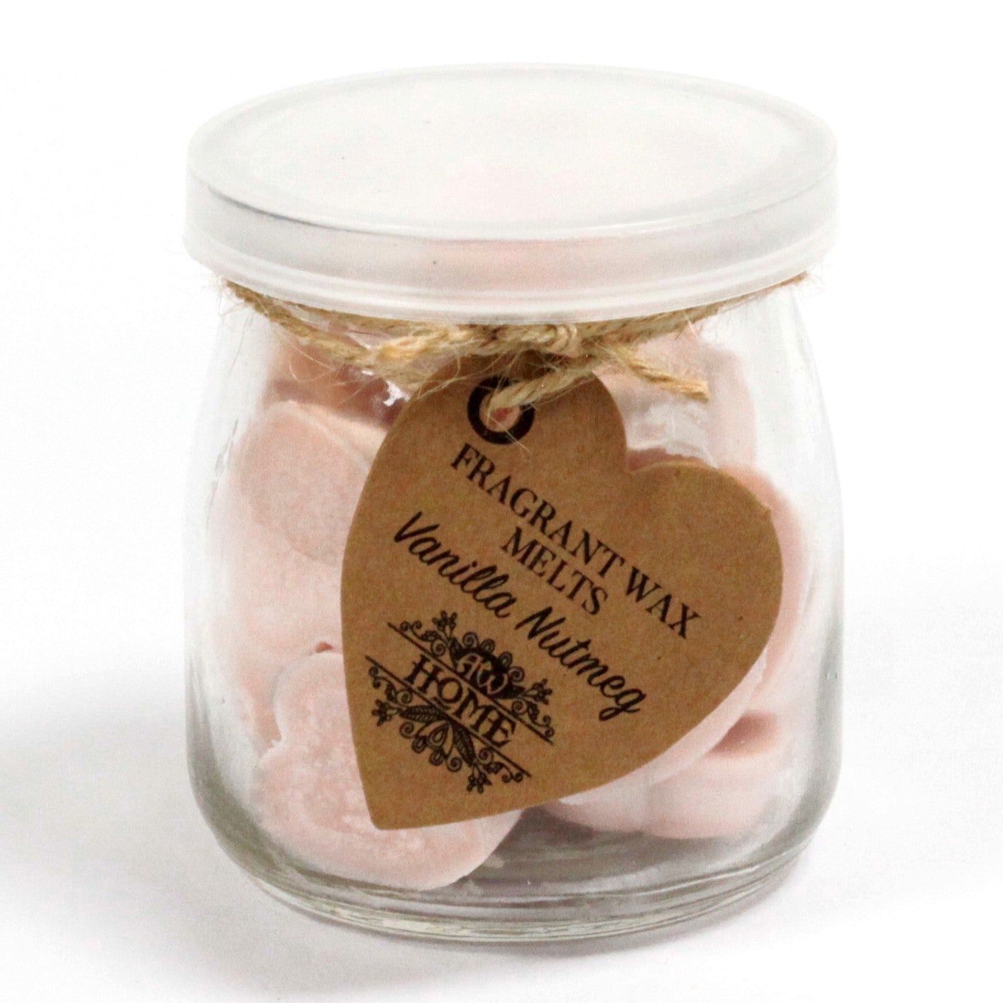 Vanilla Nutmeg soy wax melts – small hearts in reusable glass jar, approx. 16 melts