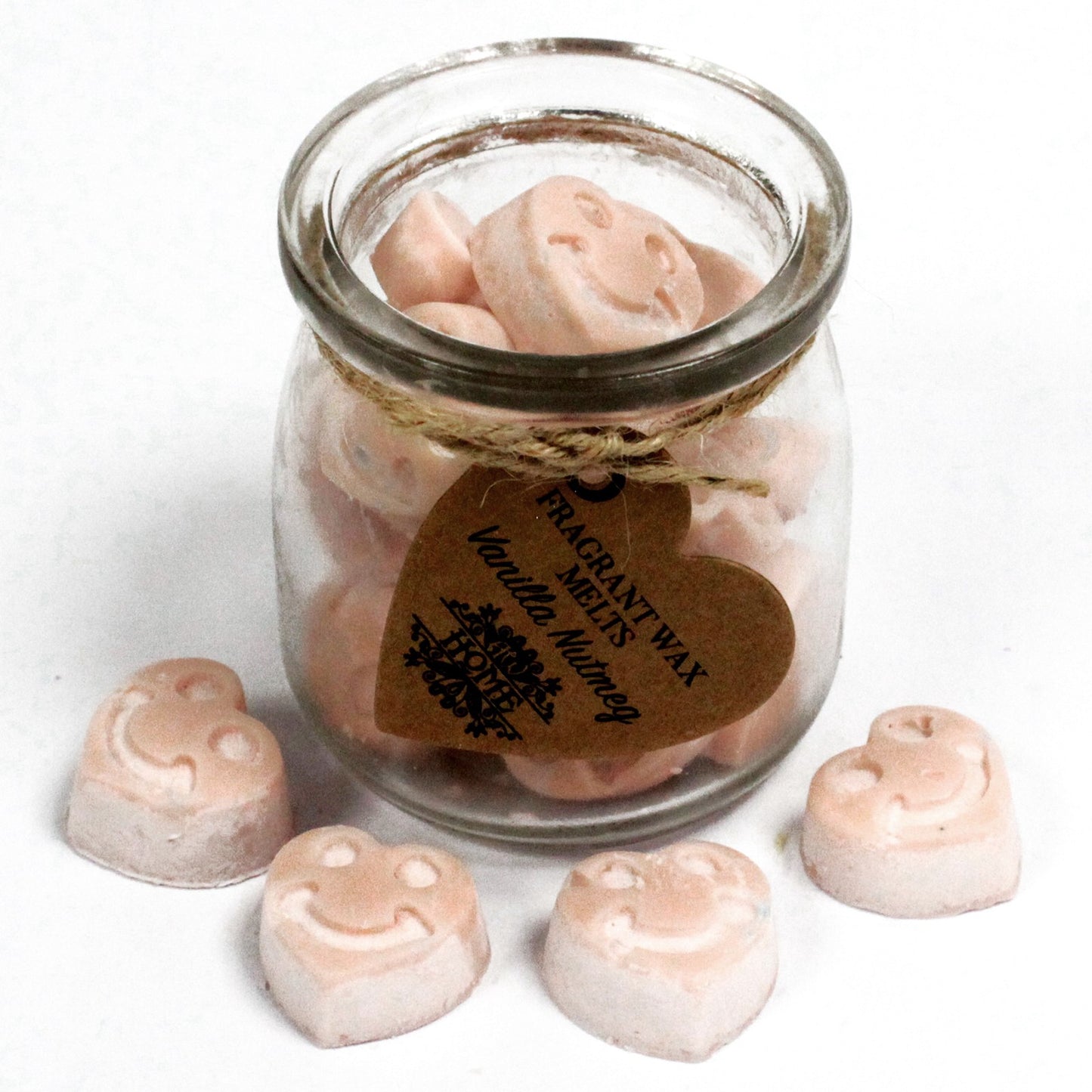 Vanilla Nutmeg soy wax melts – small hearts in reusable glass jar, approx. 16 melts