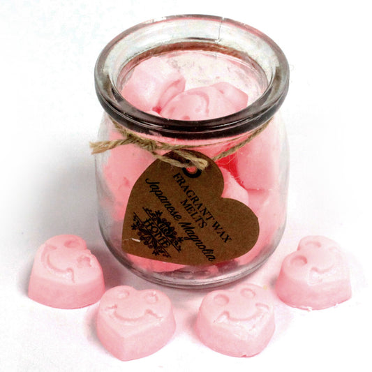 Japanese Magnolia soy wax melts – small hearts in reusable glass jar, approx. 16 melts