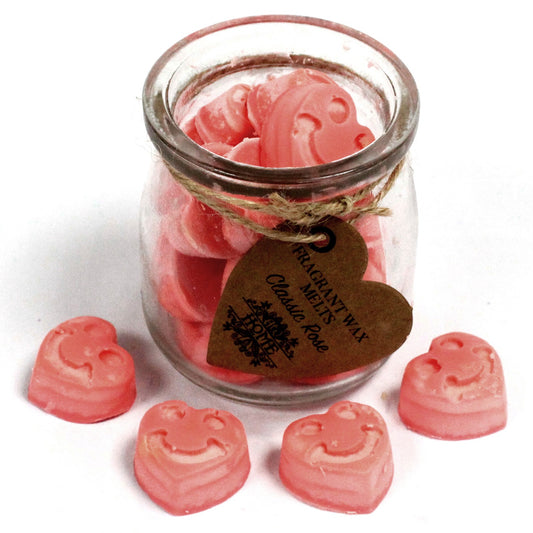 Classic Rose soy wax melts – small hearts in reusable glass jar, approx. 16 melts