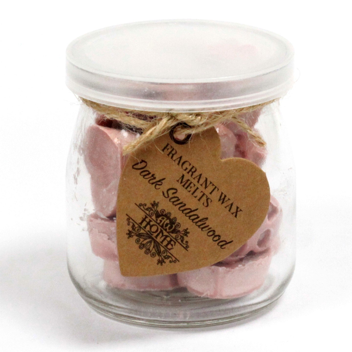 Dark Sandalwood soy wax melts – small hearts in reusable glass jar, approx. 16 melts