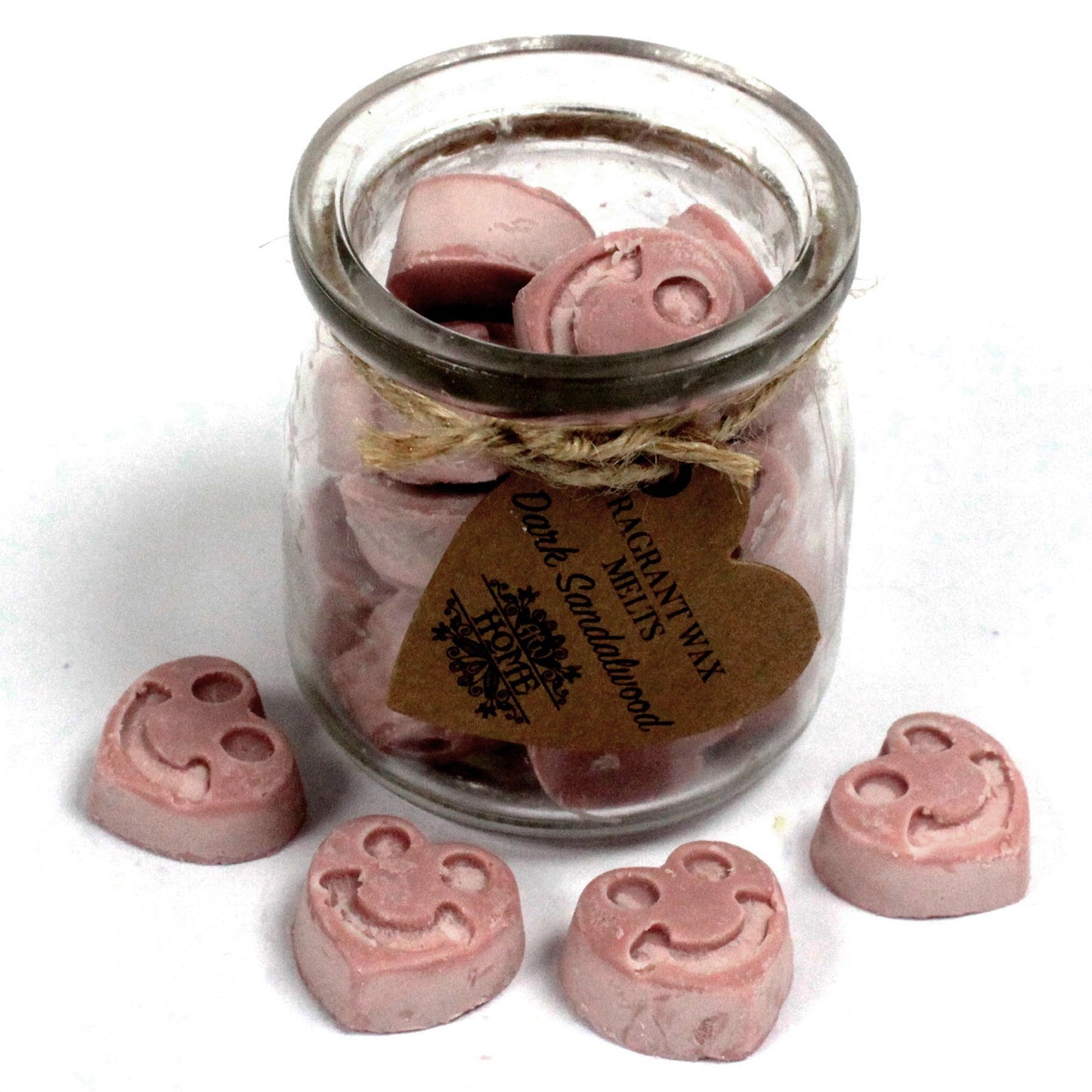 Dark Sandalwood soy wax melts – small hearts in reusable glass jar, approx. 16 melts