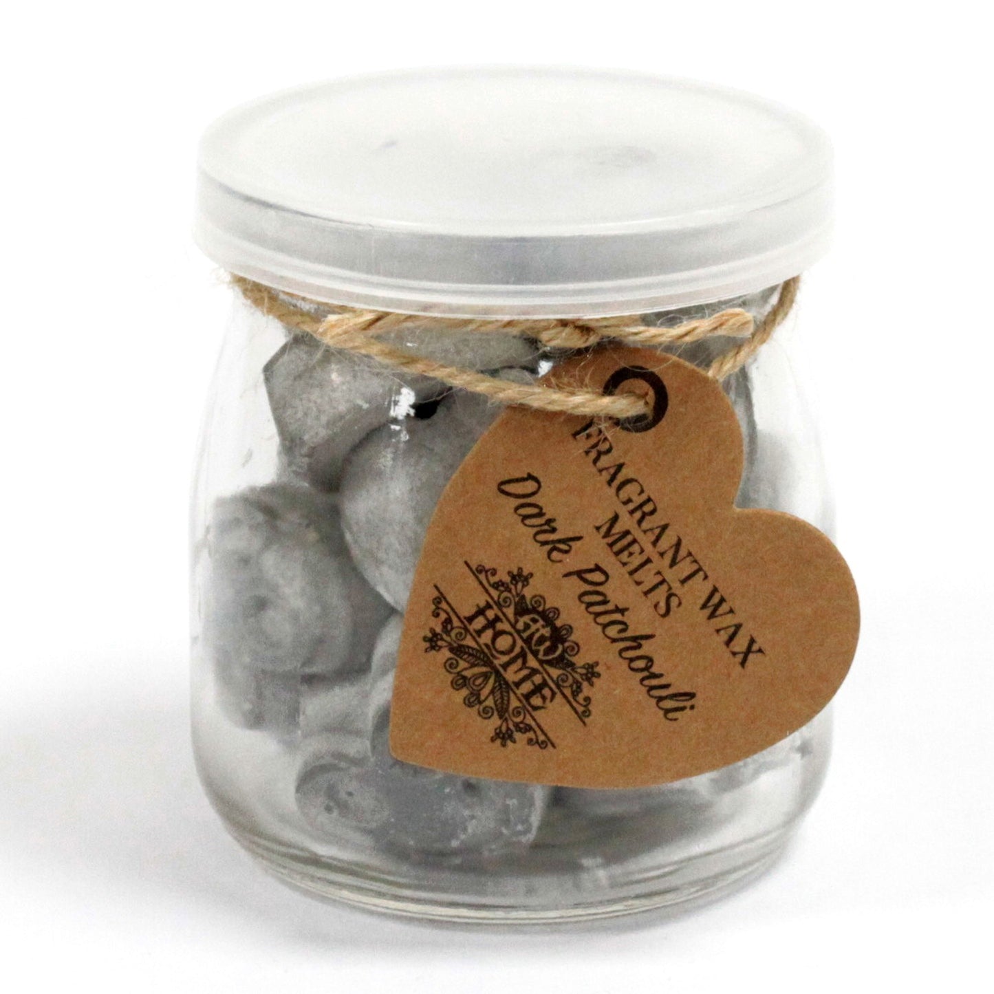 Dark Patchouli soy wax melts – small hearts in reusable glass jar, approx. 16 melts