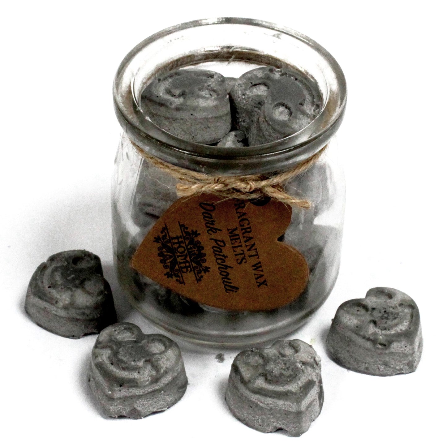 Dark Patchouli soy wax melts – small hearts in reusable glass jar, approx. 16 melts