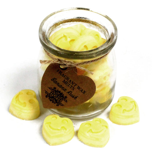 Banana Rush soy wax melts – small hearts in reusable glass jar, approx. 16 melts