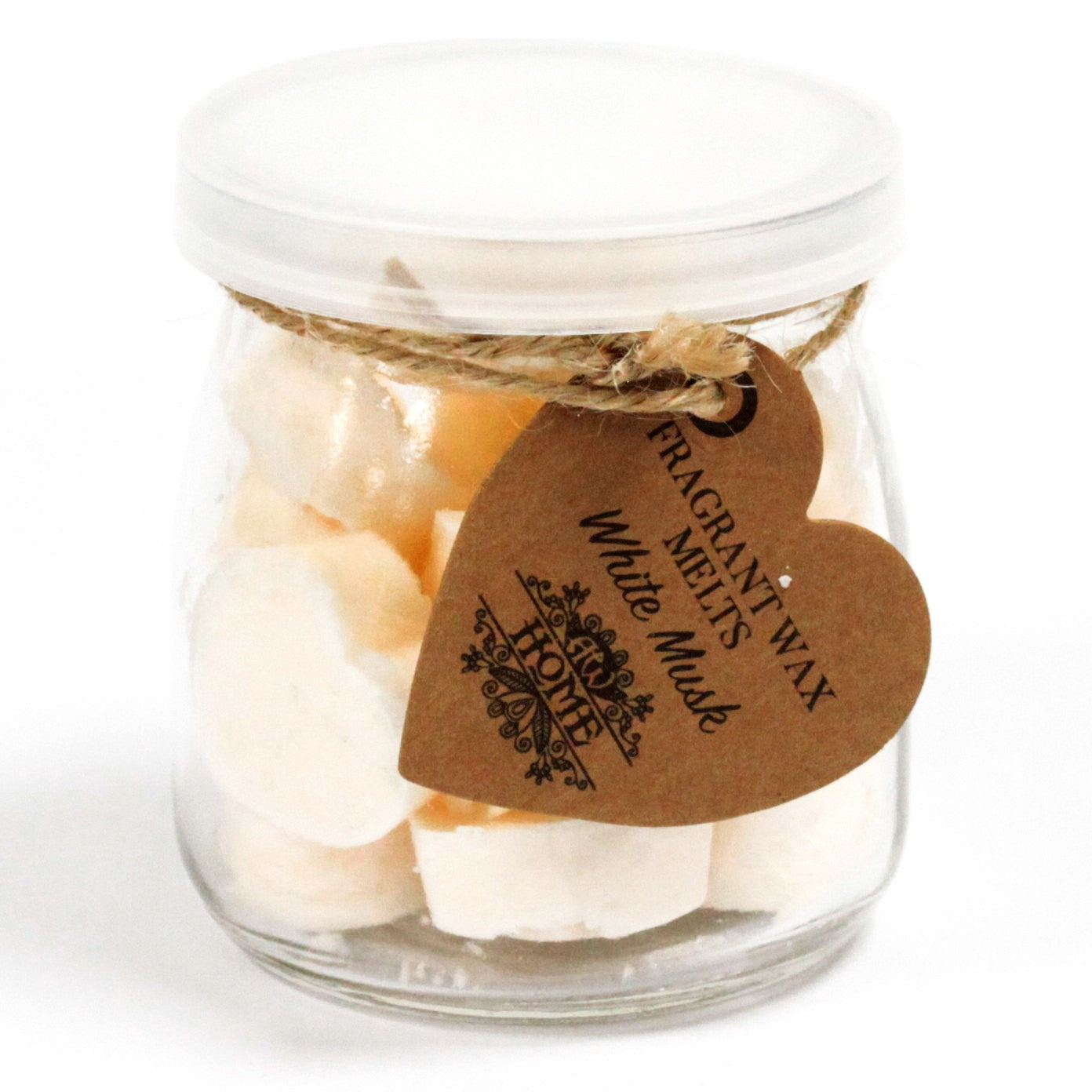 White Musk soy wax melts – small hearts in reusable glass jar, approx. 16 melts