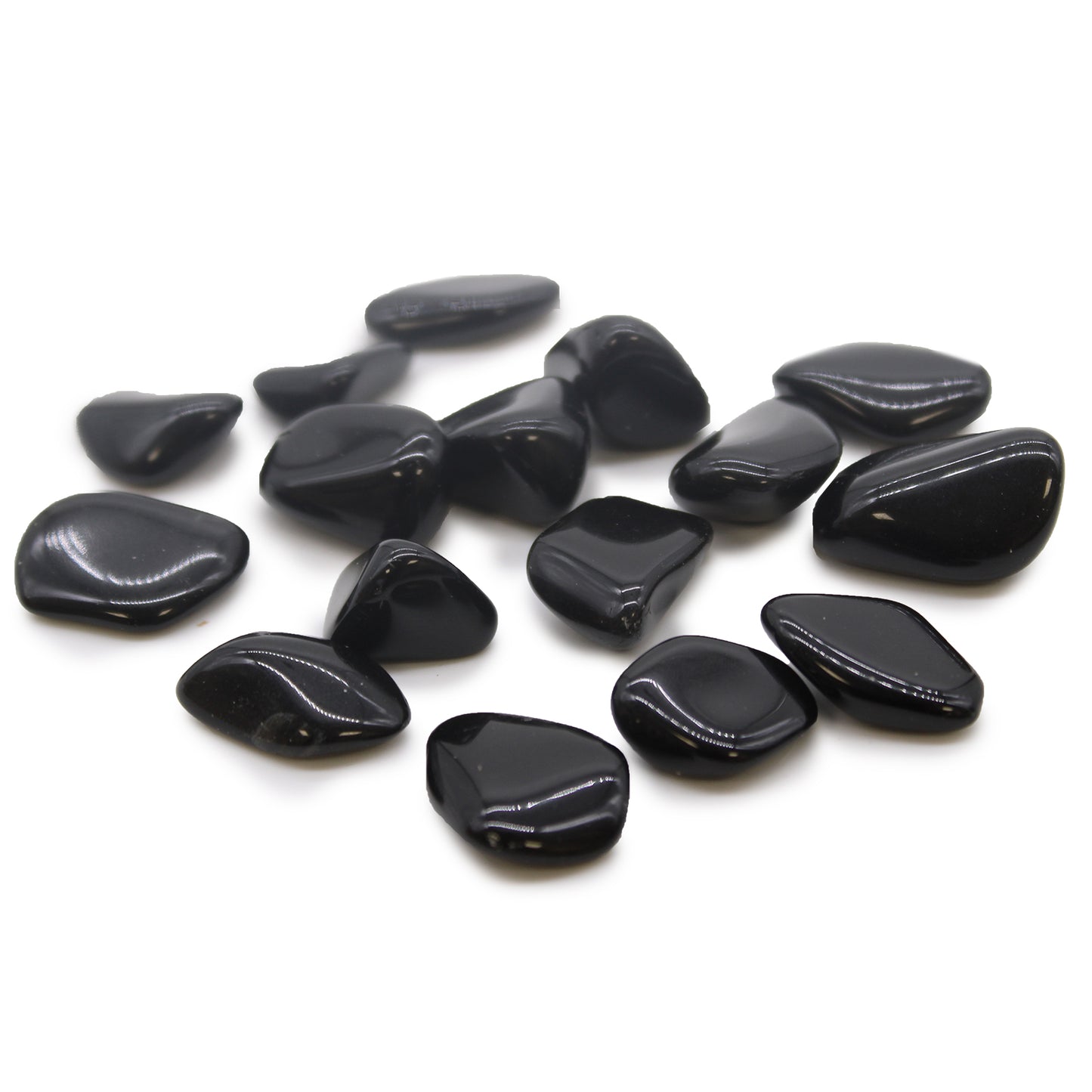 Polished black obsidian tumbled stone (10–25 mm), symbolising protection, grounding, and truth.