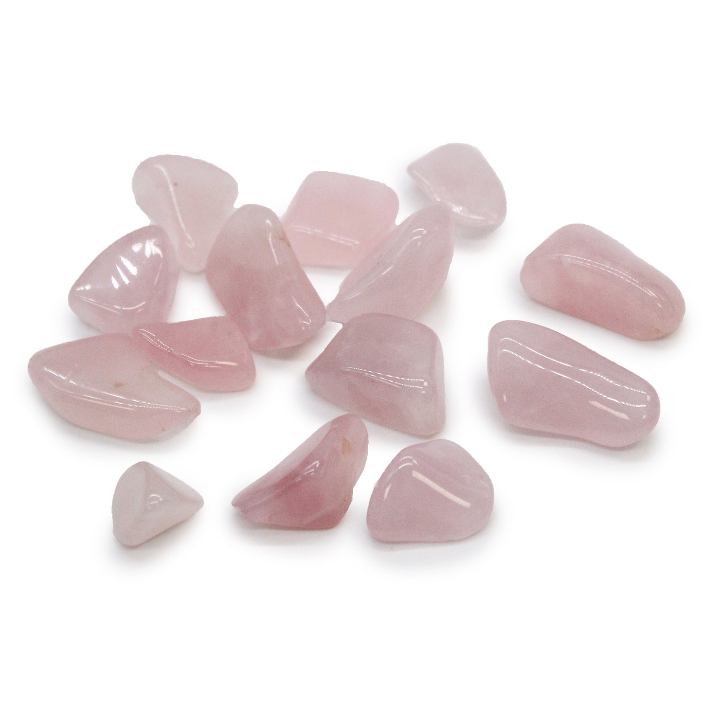 Polished Rose Quartz tumbled stones (10–25 mm), soft pink and soothing, symbolising love, self-acceptance, and emotional healing. Sold in a 24-piece bag.