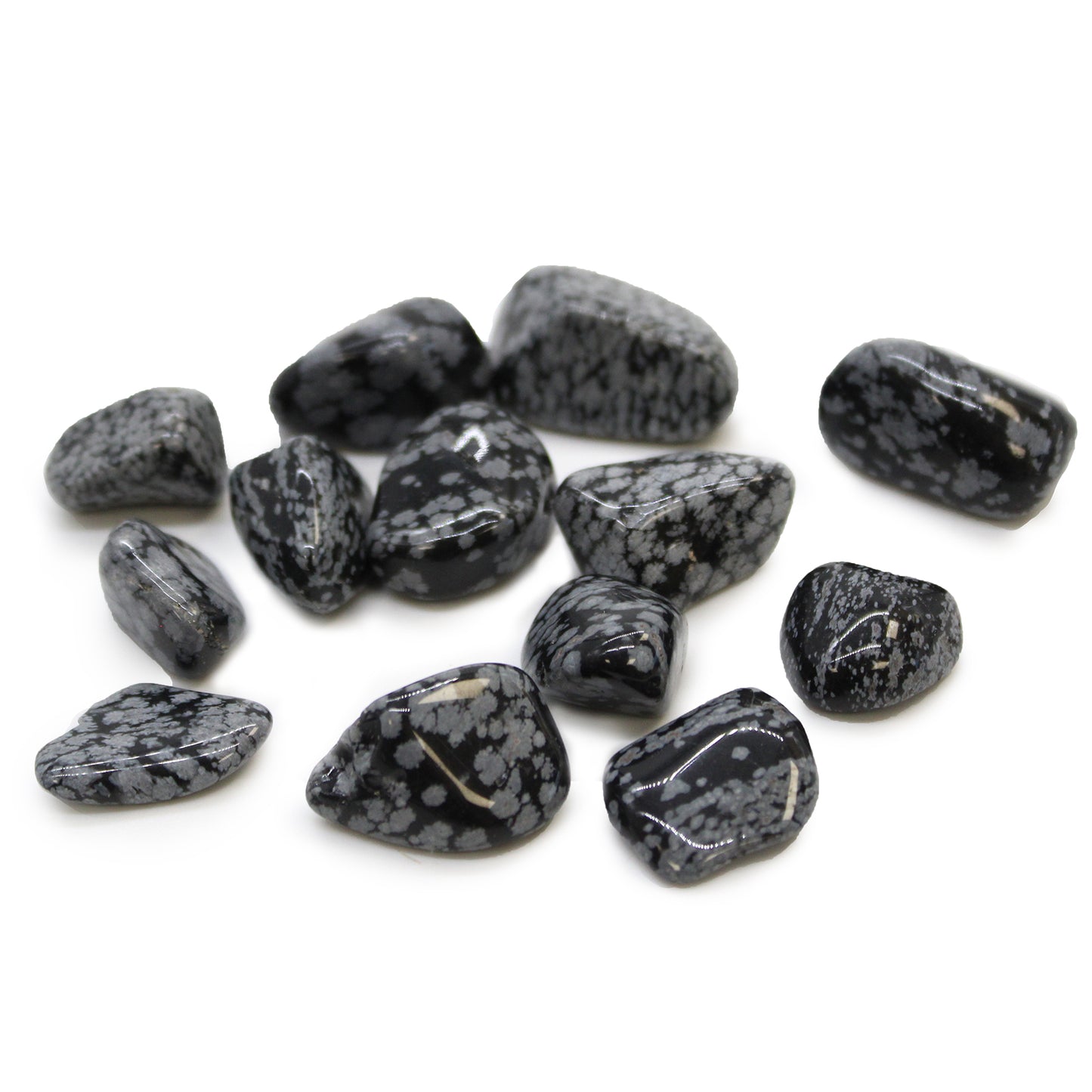Large tumbled Snowflake Obsidian crystal – black stone with white patterns for balance and protection