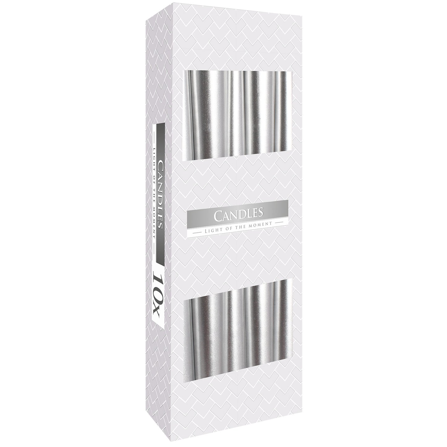 Silver metallic taper candles – box of 10