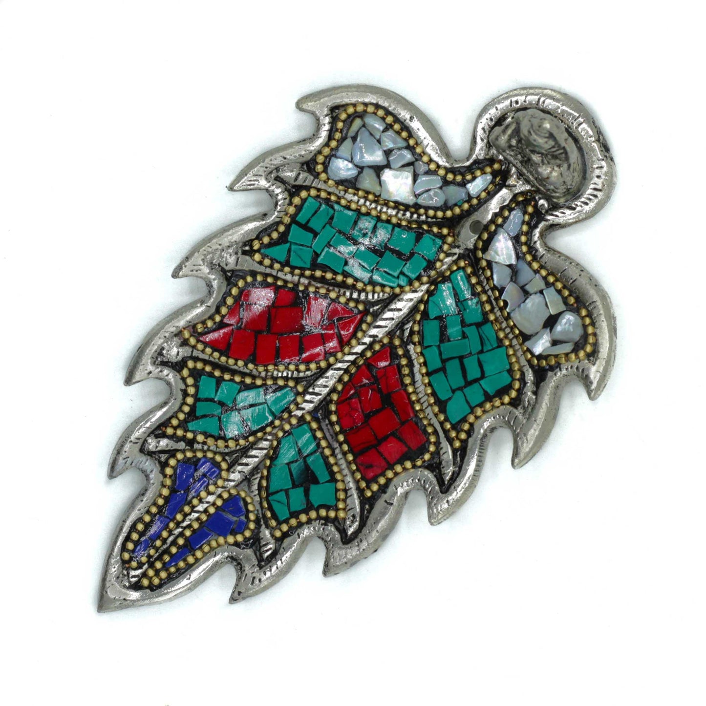 Handcrafted Tibetan incense holder with Buddha figurine and colourful mosaic in a feathered leaf design for spiritual home décor.