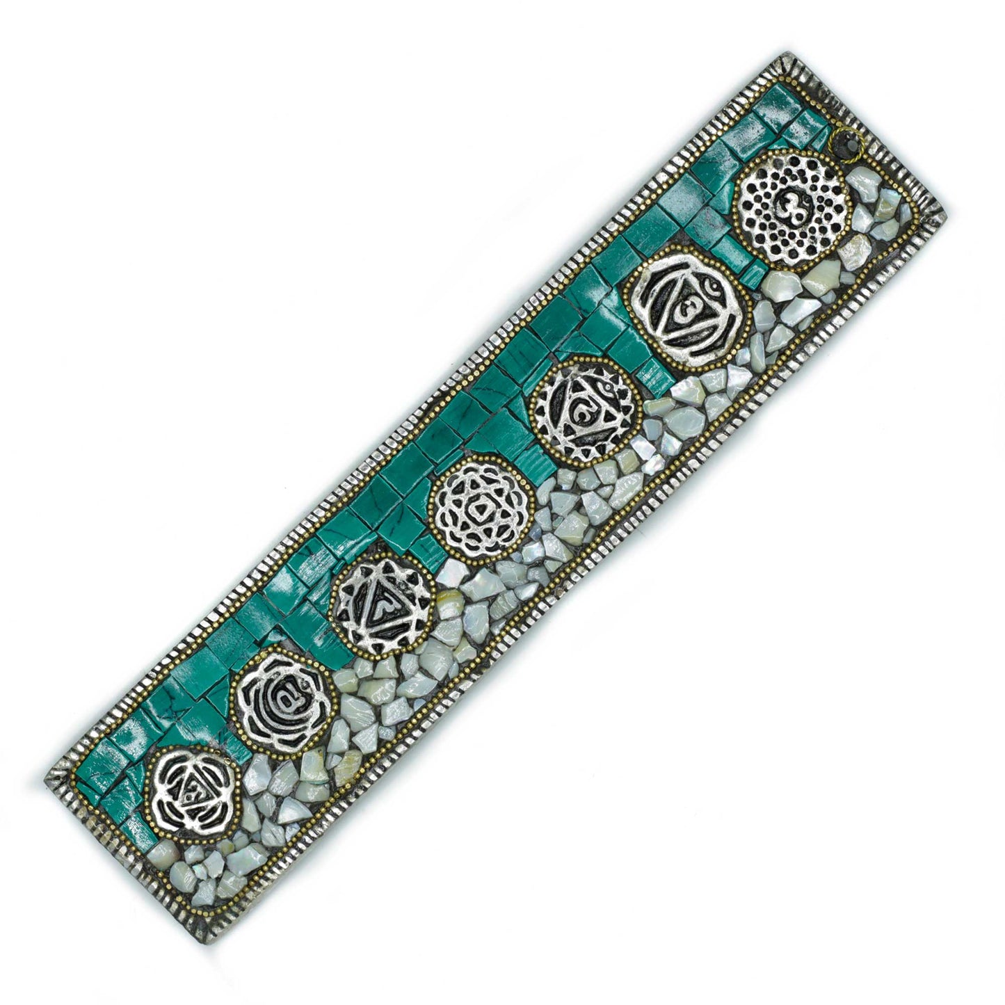 Seven Chakra Tibetan incense holder with vibrant ceramic tile mosaic and chakra symbols, handcrafted for spiritual décor and wellness.
