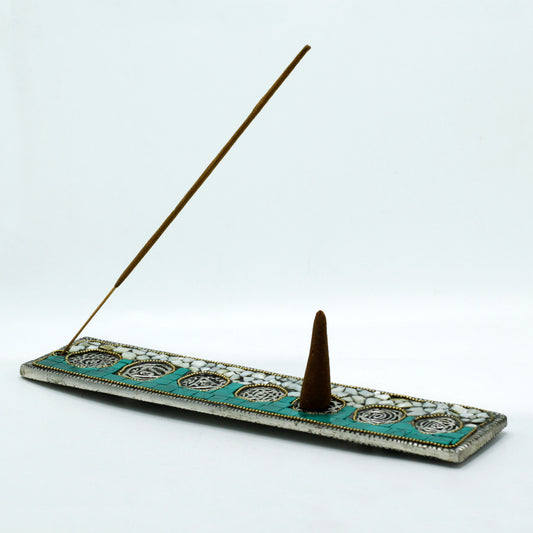 Seven Chakra Tibetan incense holder with vibrant ceramic tile mosaic and chakra symbols, handcrafted for spiritual décor and wellness.