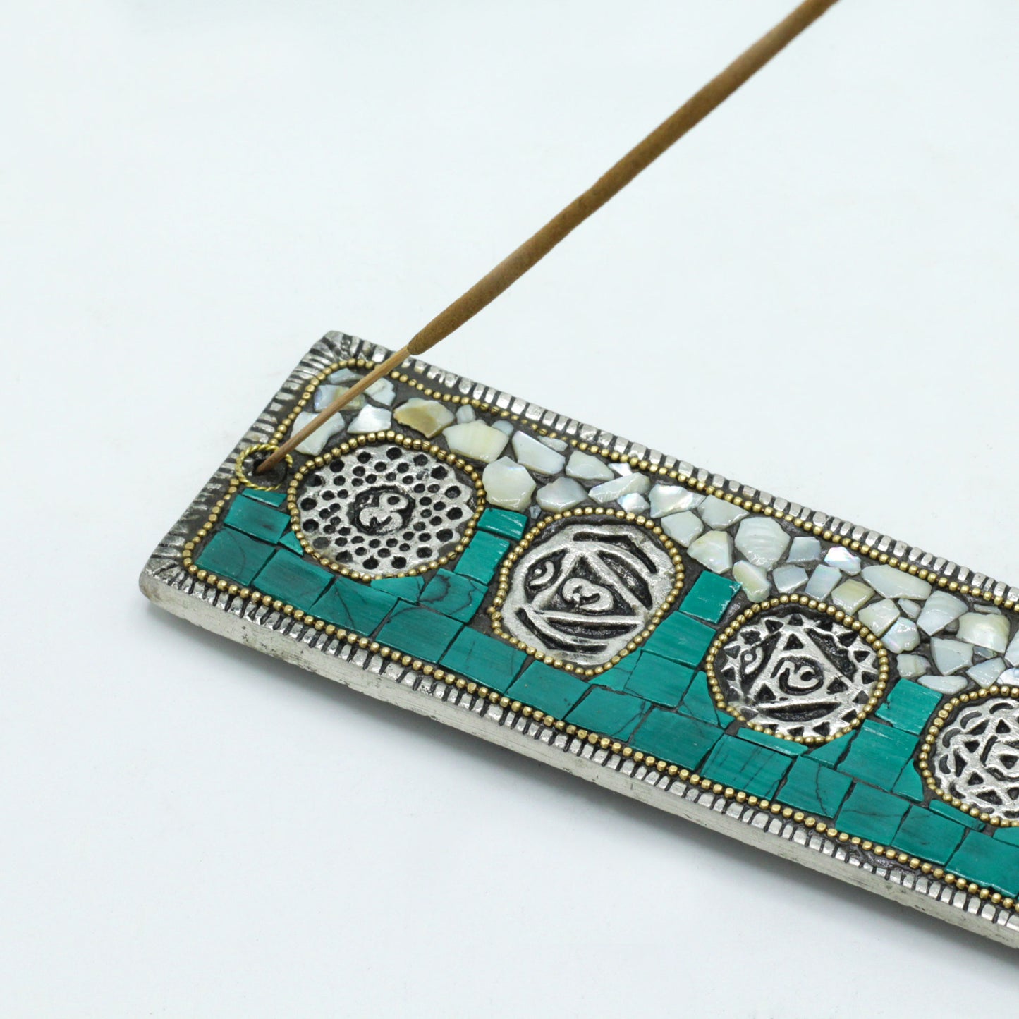 Seven Chakra Tibetan incense holder with vibrant ceramic tile mosaic and chakra symbols, handcrafted for spiritual décor and wellness.