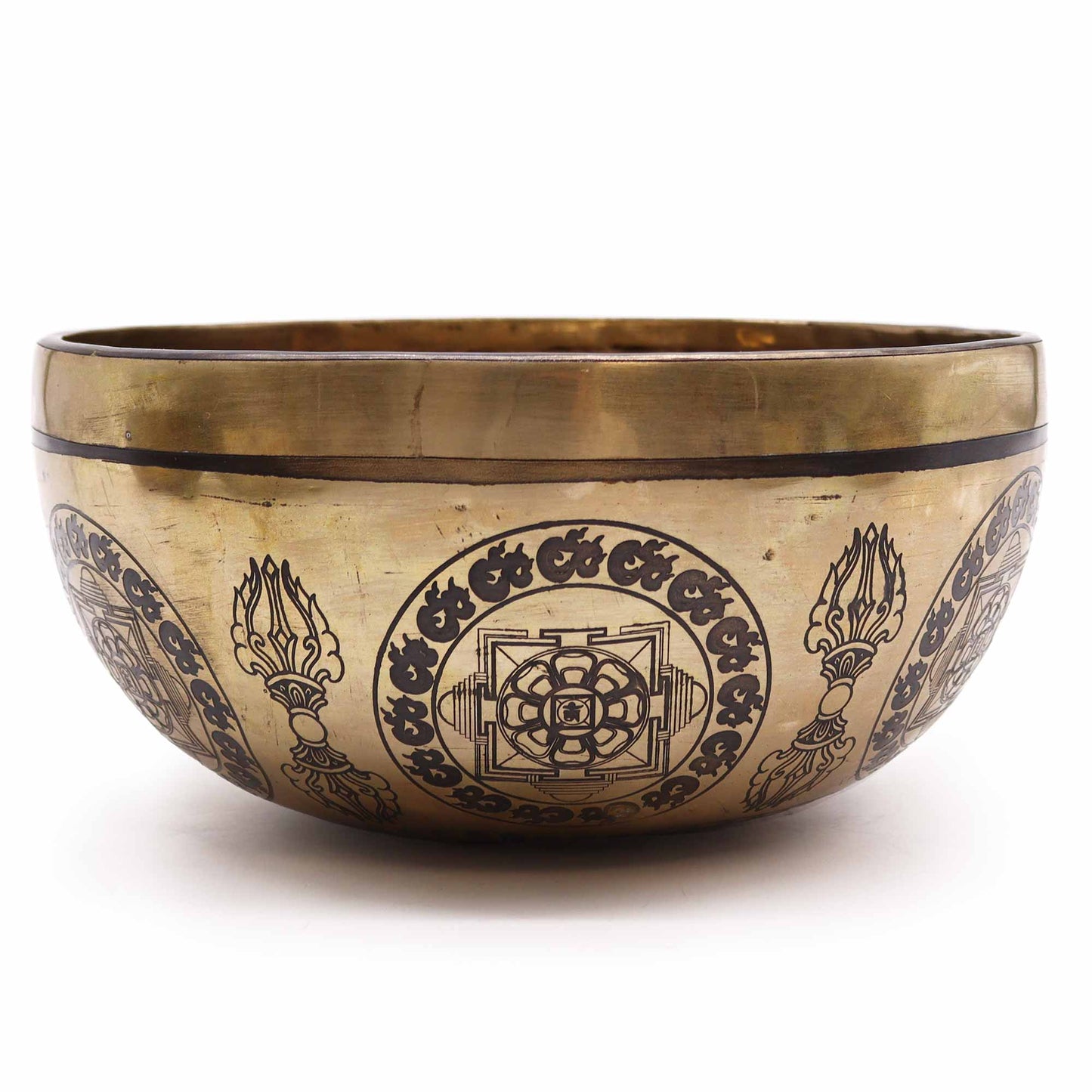 Tibetan singing bowl with engraved Five Buddhas and sacred symbols – 21cm, handcrafted for meditation and healing.