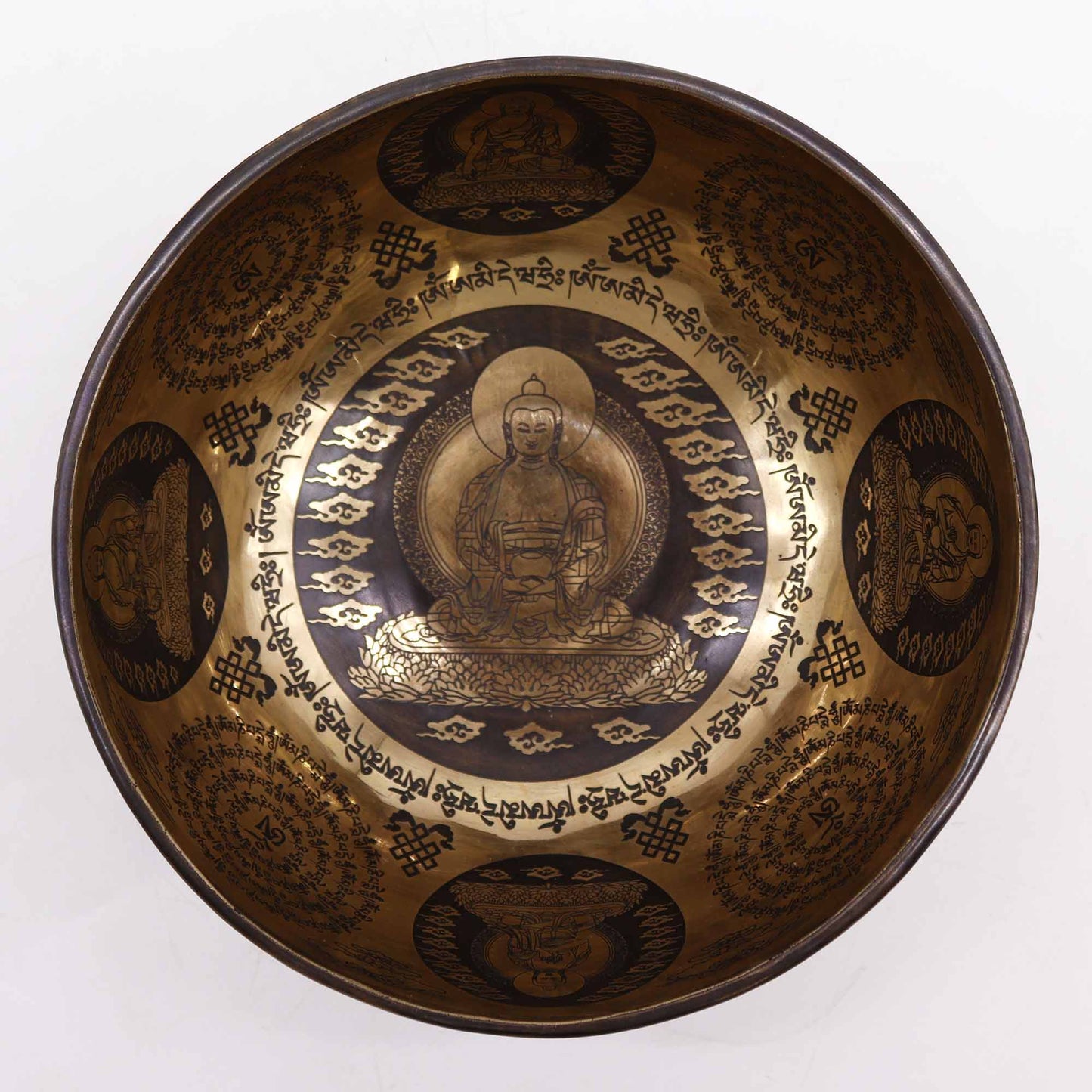Tibetan singing bowl with engraved Five Buddhas and sacred symbols – 21cm, handcrafted for meditation and healing.