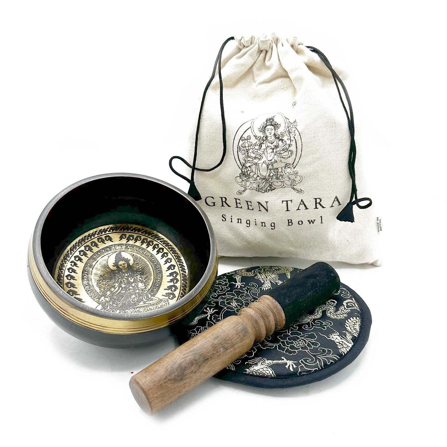 Green Tara singing bowl gift set with mallet, cushion, and drawstring pouch (14cm)