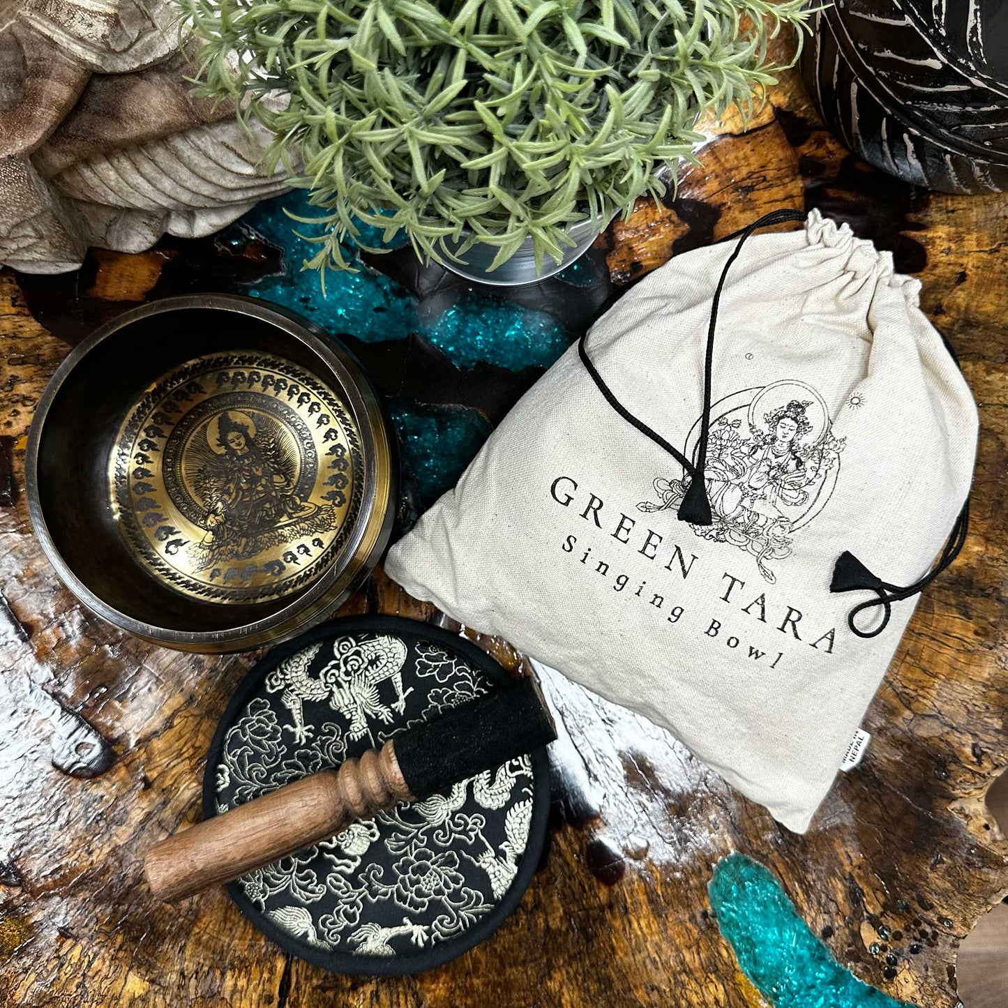 Green Tara singing bowl gift set with mallet, cushion, and drawstring pouch (14cm)