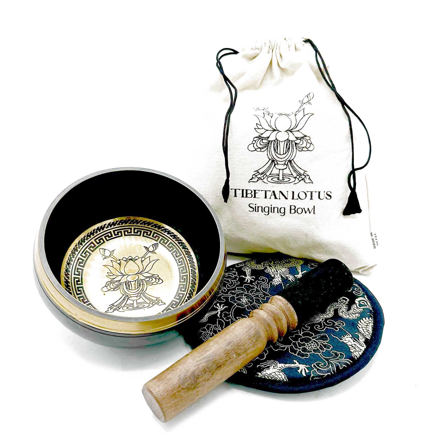 Singing Bowl Gift Set with lotus flower design, includes mallet, cushion, and pouch (14cm)
