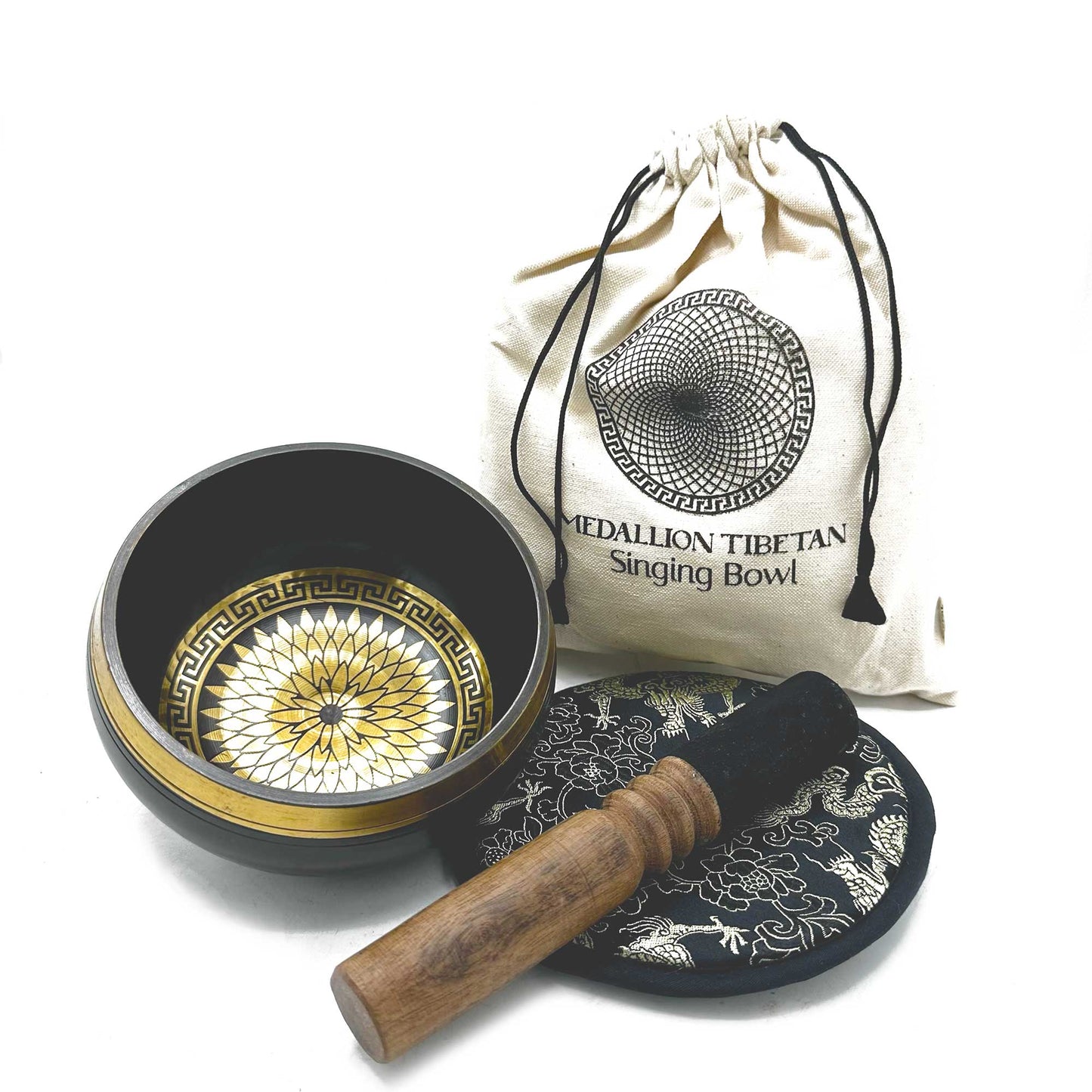 Singing Bowl Gift Set with Round Medallion mandala design, mallet, cushion, and pouch (14cm)