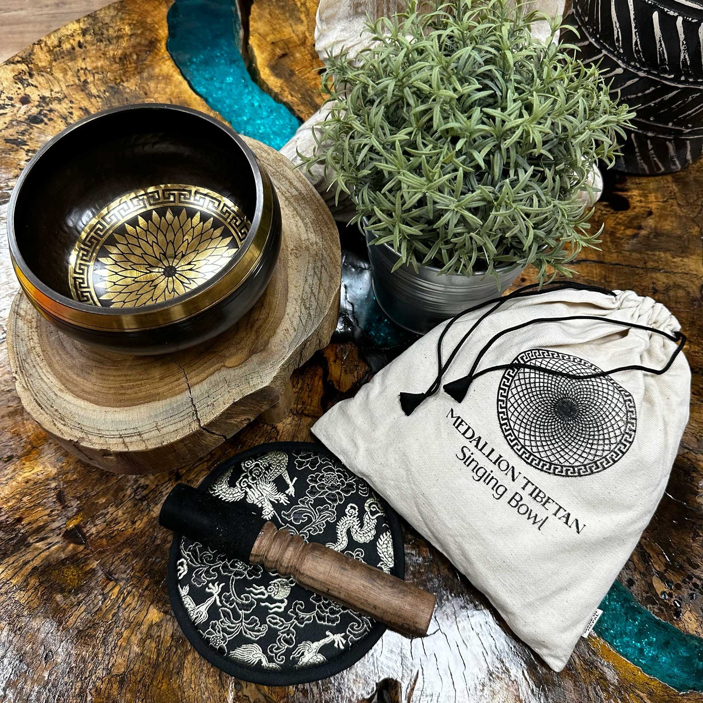 Singing Bowl Gift Set with Round Medallion mandala design, mallet, cushion, and pouch (14cm)